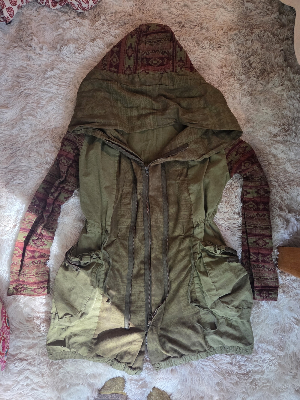 Free People Olive Utility Jacket with Maroon Patterned Sleeves